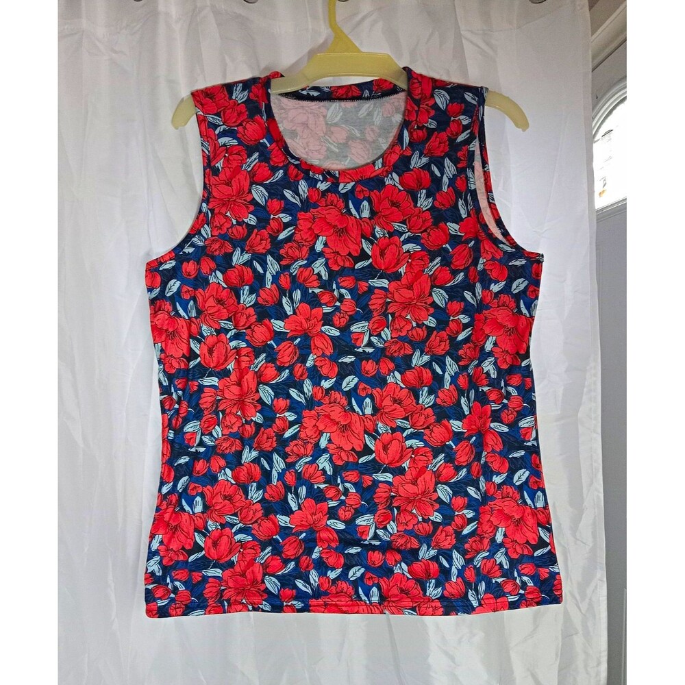 Women Floral Knit Tank Top Sleeveless Scoop Neck Pullover Blue Red White L